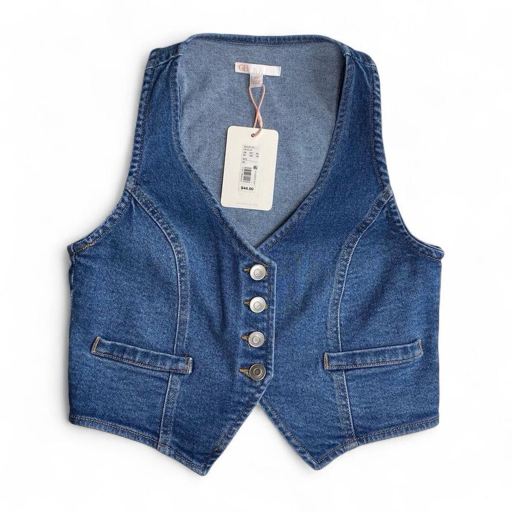 GB Denim Vest Top Women's Size Xs Blue Button Front NWT Sleeveless Western